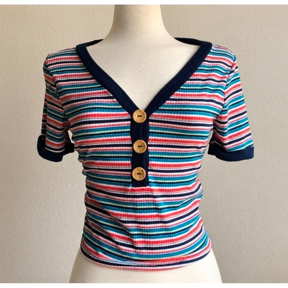 Love J Women Multicolor Striped Ribbed V-Neck Button Crop Top Size M